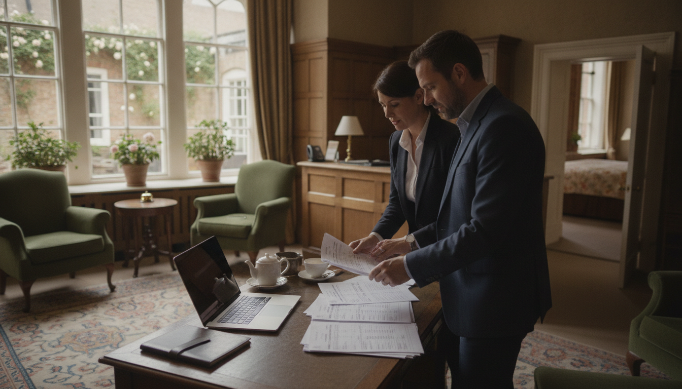 Two hotel managers comparing notes over a laptop in a quiet hotel lounge