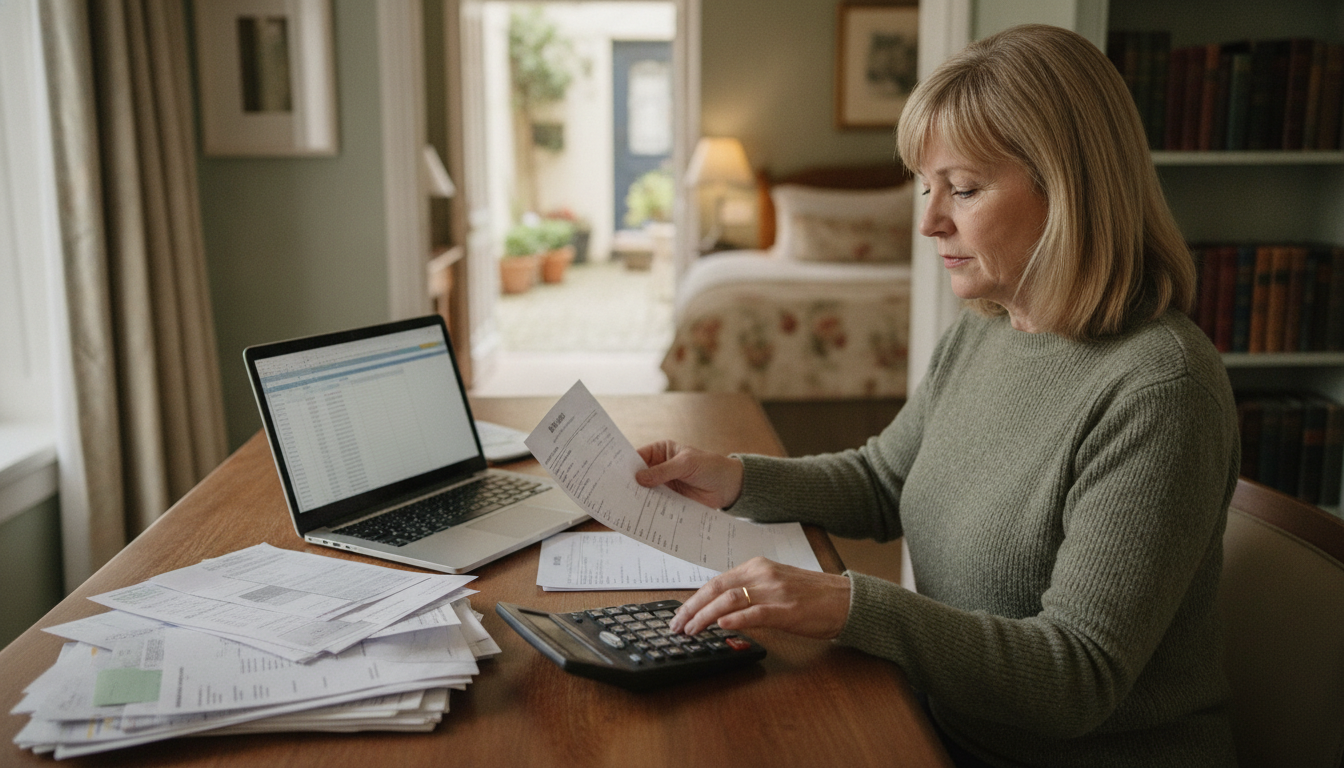 A hotel owner reviewing invoices and a calculator at a desk