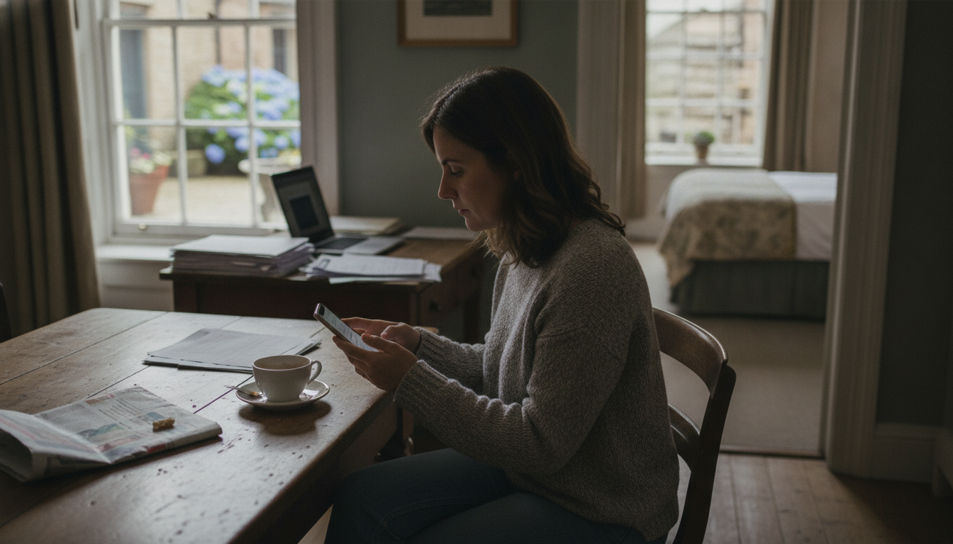 A guest booking a hotel room on a mobile phone at a kitchen table