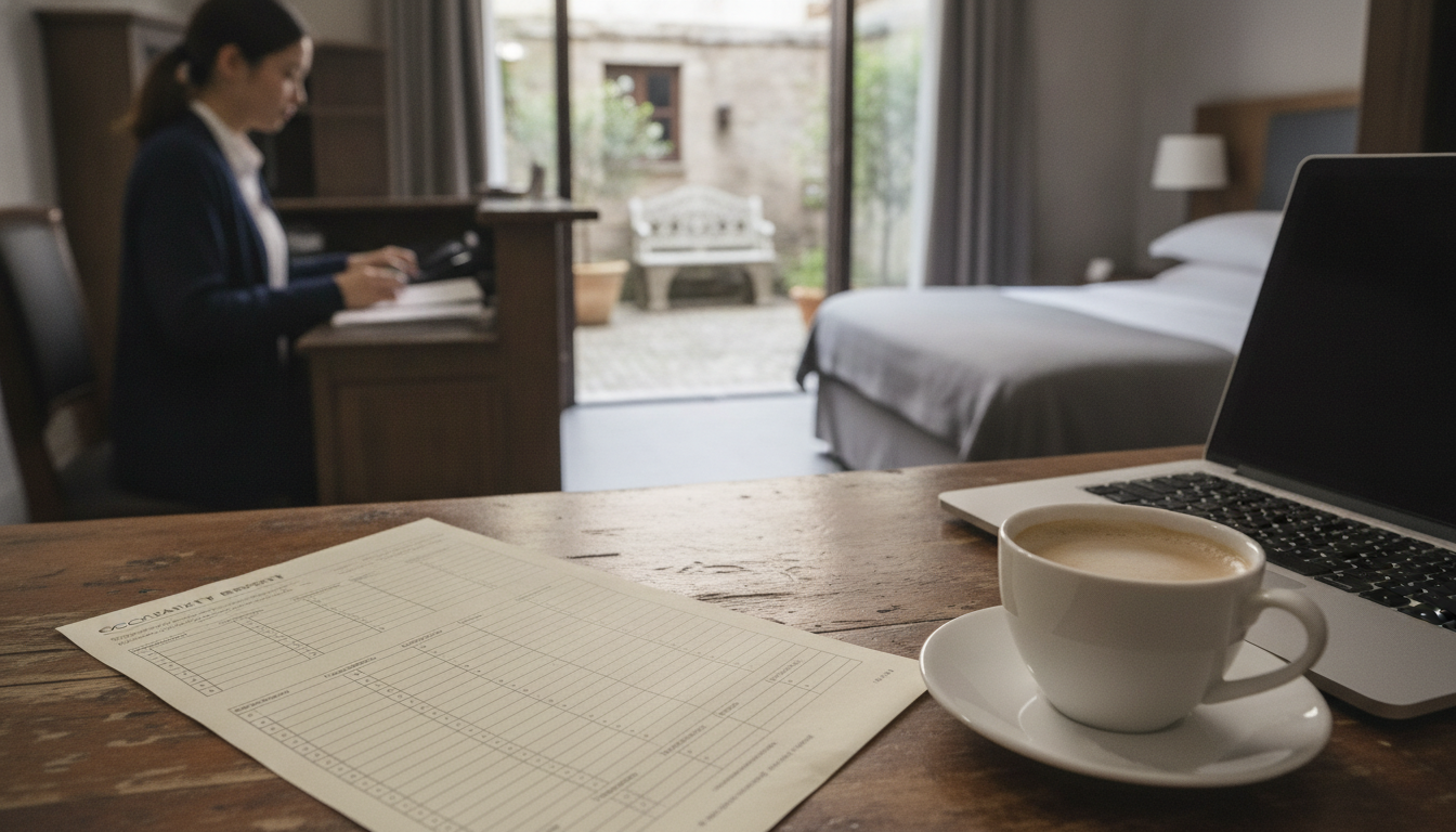 A printed occupancy report and a cup of coffee on a hotel office desk