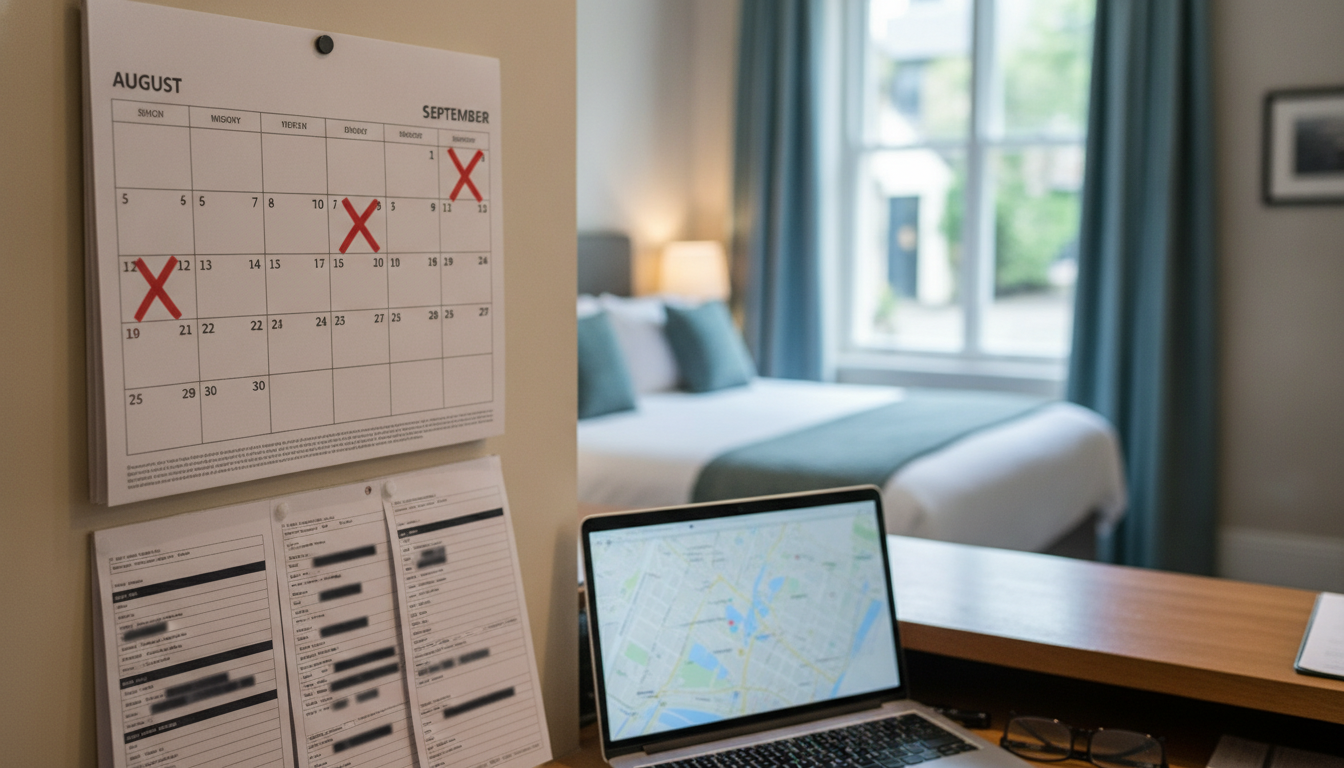 A wall calendar in a hotel office with several dates marked closed