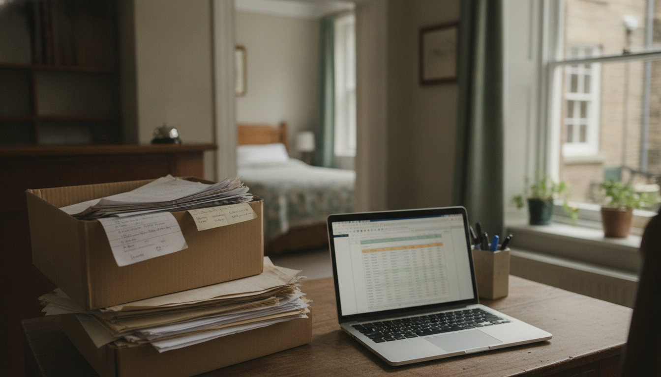 Boxes of paper booking records beside a laptop in a hotel back office