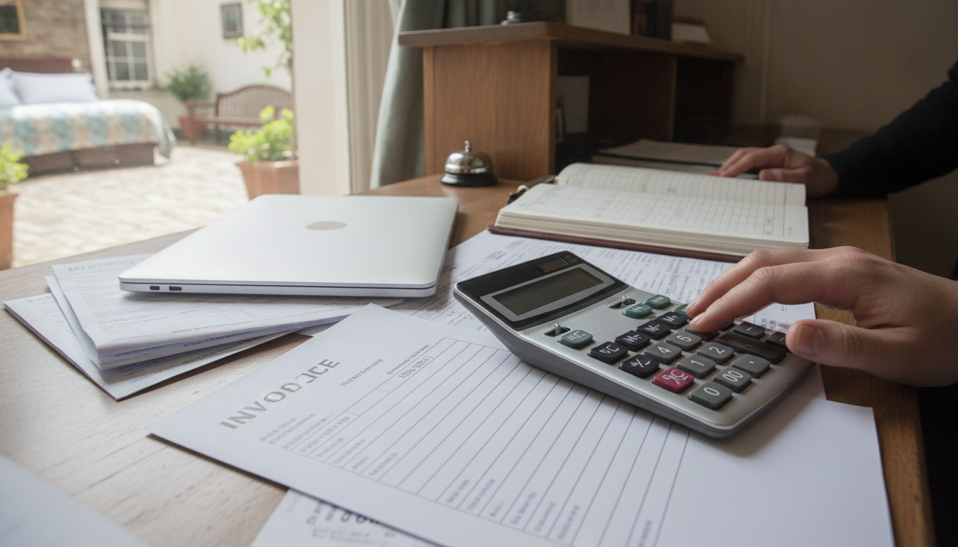 An invoice and calculator on a hotel back office desk