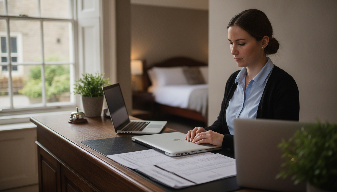 A hotel receptionist working at a computer behind a wooden reception desk
