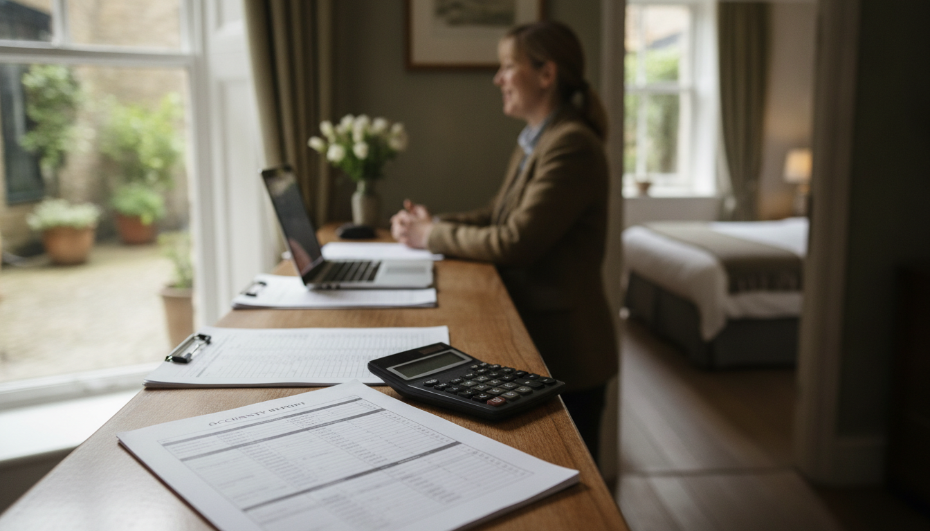 A calculator and occupancy report on a hotel reception desk