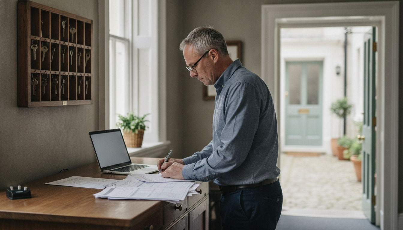 A hotel manager working through paperwork at a reception desk